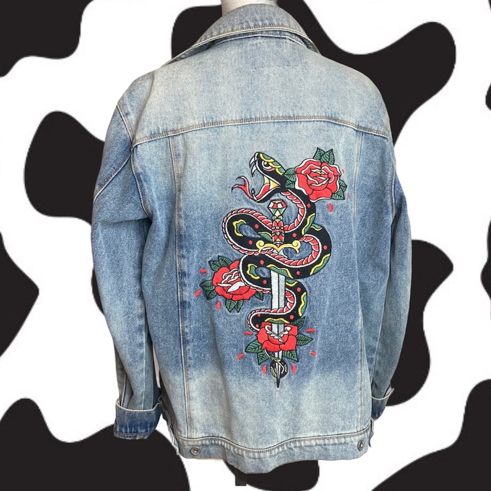 Snake and Knife Embroidered Denim Jacket